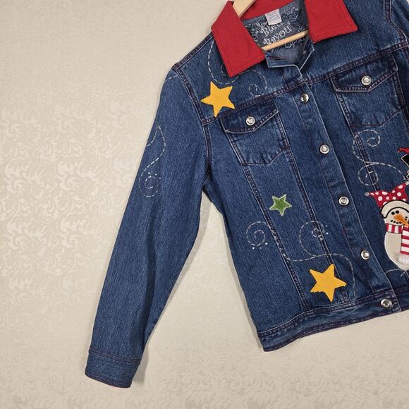 VTG Bleu Bayou Blue Denim Jacket sz M Snowman Winter Holiday Christmas Cotton - Picture 7 of 16